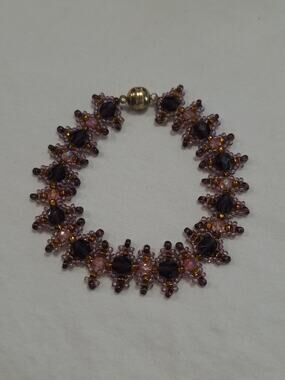 Fancy Ornate Czech Seed Bead Bracelet Pink Purple Orange Unique Design Magnetic